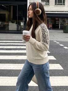 Vintage Patchwork Lazy Knit Top, Black Leopard Print Raglan Block Crew Neck Versatile Casual Long Sleeve Sweater, Suitable For Daily Commute, Shopping, Travel, Home Leisure - Champagne - View 5