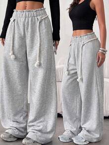 Women's High Waist Casual Wide Leg Jogger Pants With Faux Pockets And Long Drawstring Design - Grey - View 6