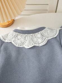 Girls' Casual Fashion Outing Hollow Lace Peter Pan Collar Sleeveless Vest, Long Sleeve Base Layer And Straight Leg Pants, Spring/Autumn - Blue - View 4