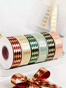 1 Roll 25 Yards Gold Foil Diamond Satin Ribbon, Suitable For DIY Crafts, Gift Wrapping And Holiday Decoration, Suitable For Halloween, Christmas, Graduation Season, Cake Box Packaging, Floral Decoration Bows, Wedding DIY Decoration - Multicolor - View 1