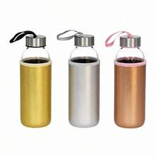 Glass Water Bottle With Padded Neoprene Sleeve And Stainless Steel Lid, Wide Mouth Reusable Bottle For Tea And Fruit, 300ml And 400ml - Yellow - View 1