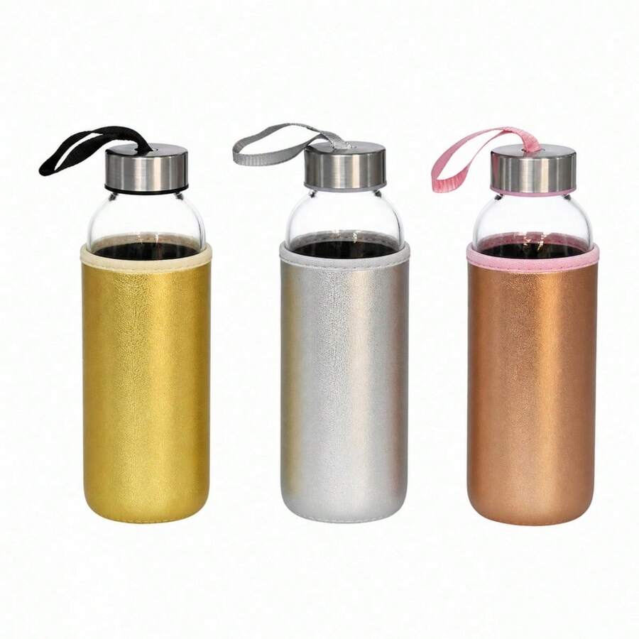 Glass Water Bottle With Padded Neoprene Sleeve And Stainless Steel Lid, Wide Mouth Reusable Bottle For Tea And Fruit, 300ml And 400ml - Yellow - View 1