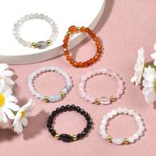 1pc Bohemian Style 3mm Natural Stone Rose Quartz Aquamarine Sparkling Faceted Round & Irregular Beads Elastic String Ring, Minimalist Elegant Beaded Ring For Women Stacking, Friendship Memorial Gift - Multicolor - View 2