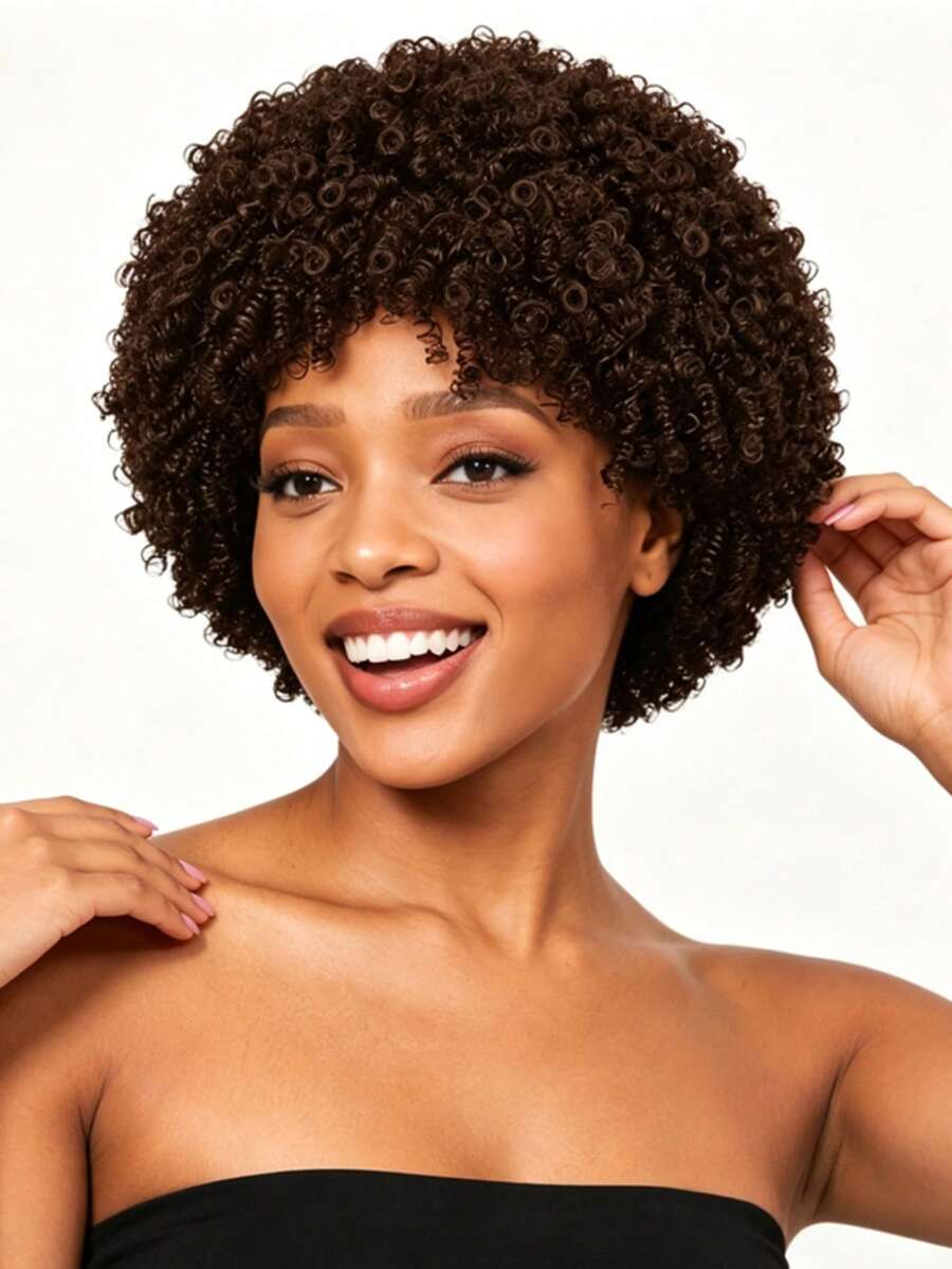 8 Inch Fluffy Spiral Curl Wig, High Density Heat-Resistant Synthetic Fiber Wig, Natural Styling, Suitable For Various Parties - Brown - View 1