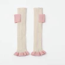 1雙配色方格壓克力針織蕾絲腿套/腳套/襪套，適合女性，適用於秋冬 - 米色 - 查看 5