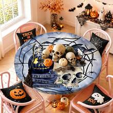 1pc Spider Web, Pumpkin, Skull Round Tablecloth, Halloween Tablecloth With Elastic Edge, Soft Wrinkle-Resistant, Waterproof Oil-Resistant Scratch-Resistant, Suitable For Round Dining Table, Outdoor Restaurant Decoration And Outdoor Party, Kitchen, Baking, Outdoor Decor, Outdoor Yard, Breakfast, Brunch And Party Decoration - Multicolor - View 2