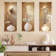3pcs Visual Recessed Niche Vase Wall Sticker, Neutral Dried Flower Vase Hollow Wall Decal, Fake Built‑In Shelf Mural, Removable Self‑Adhesive, For Living Room Bedroom Entryway Boho Farmhouse Home Decor Gift - Multicolor - View 5