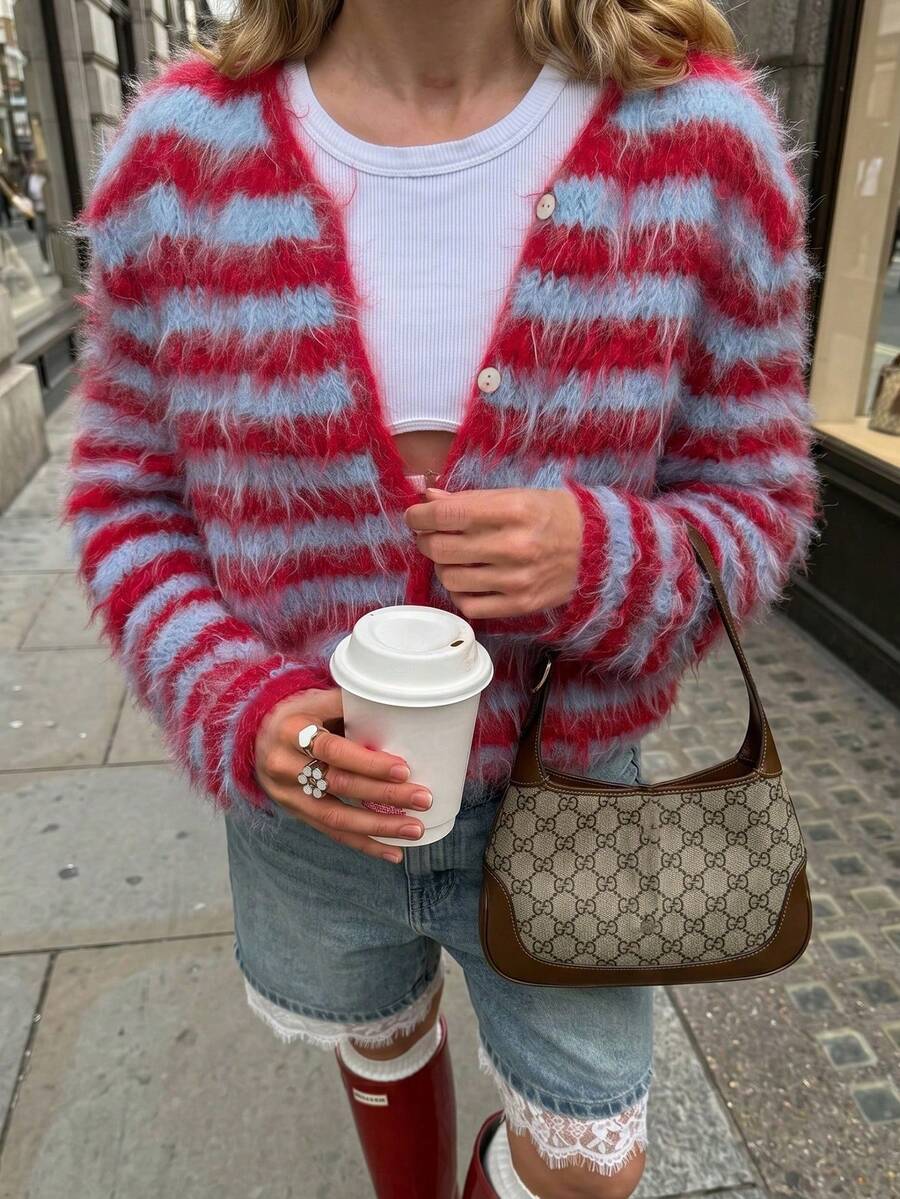 Women's Striped Long Sleeve Loose Casual Versatile Knit Cardigan - Multicolor - View 1