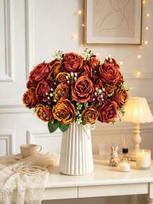 1pc Artificial Peony Bouquet, Silk Roses, Suitable For Home, Wedding, Party Decoration, Tabletop Decor, Valentine's Day, Birthday Gift, Graduation Ceremony And Other Occasions - Orange - View 5