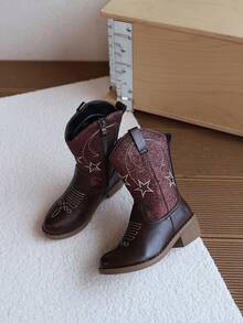 1 Pair Girls' Embroidered Mid-Calf Boots, Children's Sequin Mid-Calf Boots With Side Zipper, Non-Slip Vintage Fashion Boots - Red - View 3