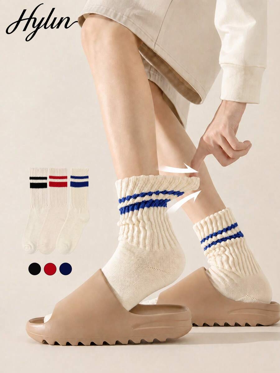 3 Pairs Men's Color Block Striped Mid-Calf Socks, Comfortable Breathable College Style Thick Stripe Slouch Design, Fashion Men's Autumn/Winter Sports Socks - Multicolor - View 1