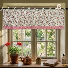 1pc Floral Bow Window Valance, Red Plaid Ruffle Edge Coffee Short Curtain, American Country Kitchen Window Curtain (150*60cm) - Multicolor - View 8