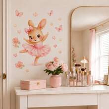 Cute Ballet Rabbit Wall Sticker, Pink Ballet Rabbit With Flowers, Butterflies And Stars Wall Decal, Removable Self-Adhesive Wall Decor Suitable For Children's Bedroom And Nursery - Ballet Rabbit Wall Stickers - View 3