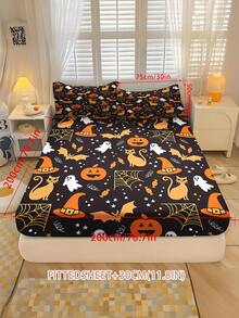 2/3PCS Black Halloween Cartoon Fitted Sheet Set Pumpkin Bat Print Fitted Sheet Set Soft Breathable Bedding For All Seasons Twin/Full/Queen 100% Polyester Machine Washable - Multicolor - View 11