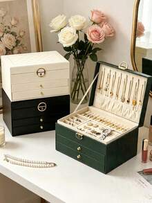 1pc 3-Layer Jewelry Storage Box, Large Capacity With Lock, Large PU Leather Jewelry Box, Watch Storage Box, Bracelet Storage Box, Drawer-Style Jewelry Storage Display Box, Vanity Storage Box, Jewelry Organizer Box, High-Quality Desktop Storage Box, For Storing Rings, Necklaces, Bracelets, Earrings And Pendants, Perfect Gift For Women. Holiday Gift, Women's Gift, Christmas Gift. - Multicolor - View 2
