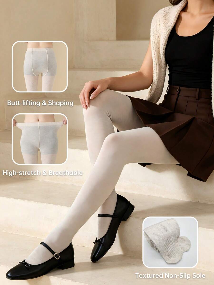 1 Pair Women's Micro-Textured High Waist Slimming Thin Tights, Soft Skin-Friendly Matte Full-Foot Stockings, Simple Commute Versatile - Multicolor - View 1