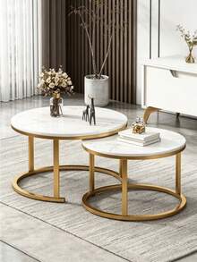 Stackable Marble Table With Metal Frame, Living Room Coffee Table With Sturdy Frame & Embedded Marble Surface, Movable & Space-Saving, Great Side Table For Living Room, Bedroom, Balcony And Terrace, One Random Floor Mat Included - Multicolor - View 3