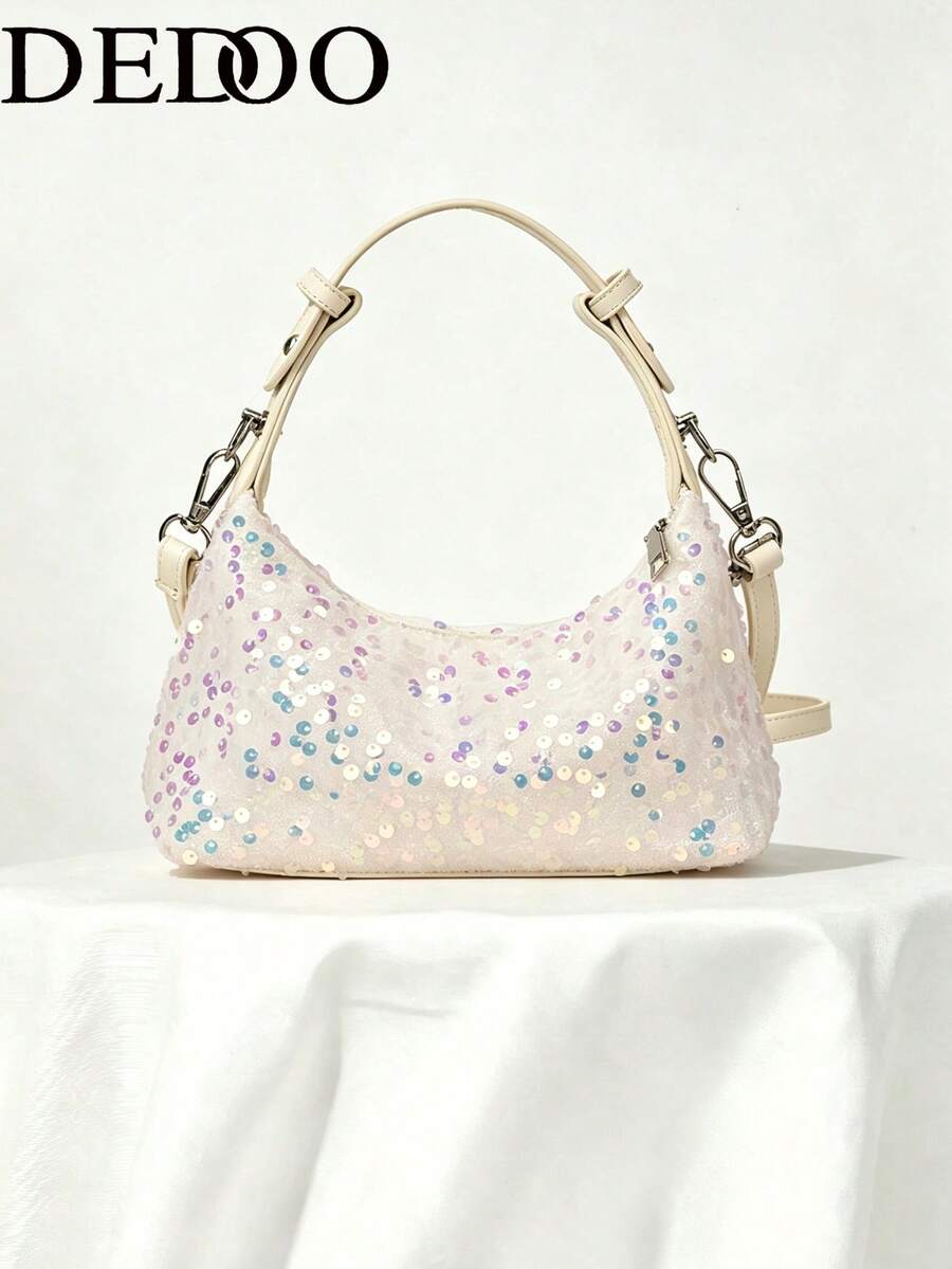 Dedoo Damen Schultertasche, Boho-Tasche unter dem Arm, Paillettenmuster, Reißverschluss, glänzender lässiger Modestil, geeignet für den täglichen Gebrauch, Nachtclub, Party, alle Jahreszeiten - Weiss - Übersicht 1