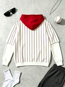 Men's Striped Letter Print Faux One-Piece Hooded Sweatshirt, Casual Street Style Long Sleeve Sweatshirt - Multicolor - View 4