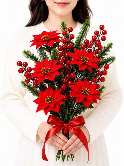 Artificial Christmas Poinsettia Bouquet DIY Set, Includes Red Berry Branches And Greenery, Holiday Floral Decoration, Suitable For Tabletop, Christmas Tree And Wreath
