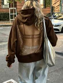 Women's Brown Long Sleeve Hooded Sweatshirt, Mesh Backless Fashion Hooded Sweatshirt, Suitable For Autumn/Winter Casual Fall - Coffee Brown - View 4