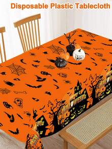 1pc Orange Halloween Table Cover 220x130cm Scary Haunted House Disposable Table Cloth Halloween Table Decor Trick Or Treat Halloween Party Supplies - Multicolor - View 5