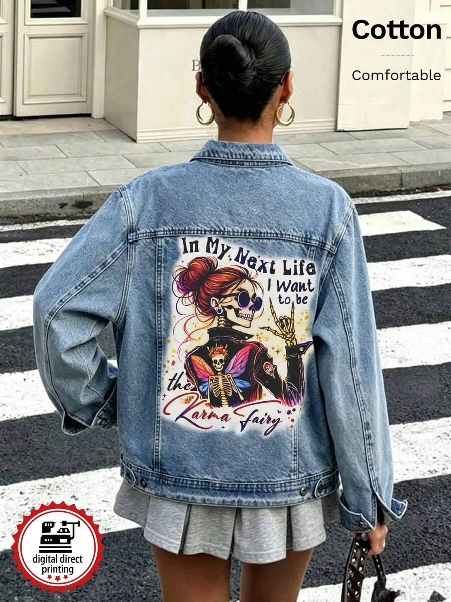 Women's Denim Jacket, Featuring "Skull Girl" Graphic, White Ink Direct Print, Vintage Wash, Loose Fit - Light Denim Blue - View 1