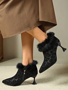 Vintage Leopard Print Faux Fur Trim Pointed Toe Short Boots, Women's Sculptural Heel Side Zipper Winter Fashion Sexy Rabbit Fur Ankle Boots, Suitable For Parties And Dates - Black - View 3