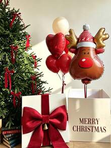 Christmas Reindeer And Plaid Pattern 4D Foil Balloon Set, Red Cream Latex Balloons, Reusable Balloons For Winter Christmas Holiday Home Party Background Decoration, - Christmas Reindeer - View 2
