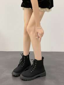 Sepatu Bot Ankle Fashion Wanita Ukuran Plus, Sepatu Bot Ankle dengan Tali dan Resleting Samping, Sol Tebal Anti Selip, Cocok untuk Pemakaian Luar Ruangan Sehari-hari - Hitam - View 3