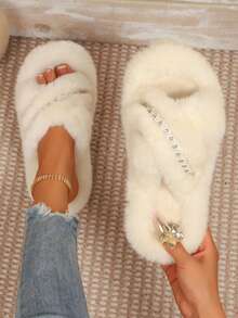 Elegant Rhinestone Cross Strap Plush Slippers For Women, Thick Sole Soft Indoor Outdoor Open Toe Warm Fuzzy Slippers - White - View 5