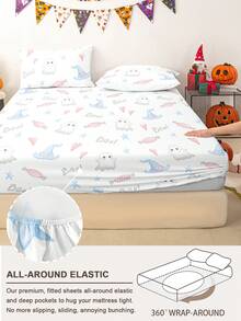 1pc Halloween & Thanksgiving Ghost Pumpkin Print Fitted Sheet, Silent Non-Slip, Machine Washable, Durable & Easy Care, All Season, Suitable For Multiple Bed Sizes, Home, Dorm, Apartment, Guest Room, Rental, Bedroom Decor & Holiday Gift - Multicolor - View 4
