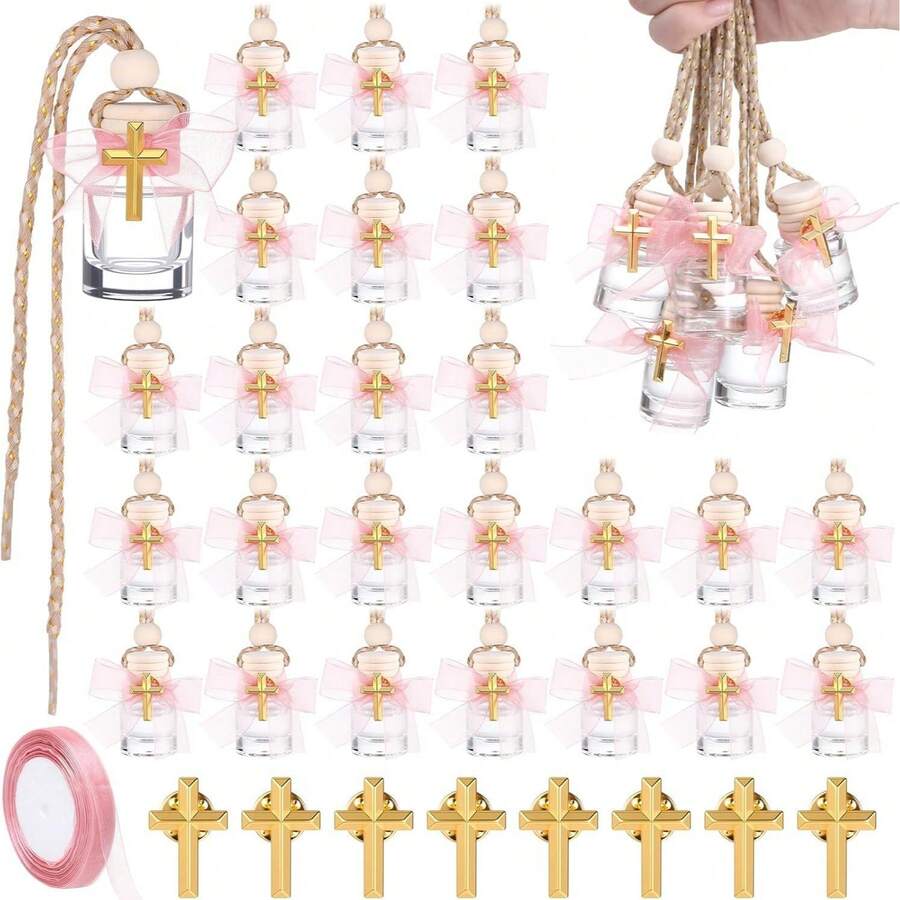 12pcs Cross Wish Bottle Glass Gift, Suitable For Baptism, Communion, Catholic Wedding 8ml Small Catholic Christian Holy Water Container, Baptism Ceremony Guest Gift, With Cross Pin And Ribbon Decorated Bottle Stopper - Multicolor - View 1