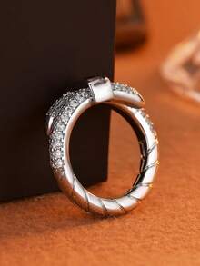 1pc Fashion Full Rhinestone Wrapped Ladder Square Geometric Couple Ring, Suitable For Men And Women, Valentine's Day Gift, Party Gift, Jewelry - White - View 4