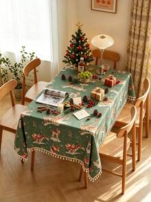 HXARTMIS 1pc Christmas Decoration New Arrival, Green Christmas Deer Print Tassel Tablecloth, Rectangular Christmas Tablecloth, Suitable For Christmas Home Decor, Christmas Gifts, Christmas Dining Table Decoration And More - Green - View 6