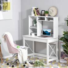 Modern houten bureau met opbergruimte, boekenkast, planken en een groot blad, ideaal voor kleine ruimtes, thuis of in de slaapkamer, 105 x 50 x 137,5 cm, wit. - A - Bekijken 4