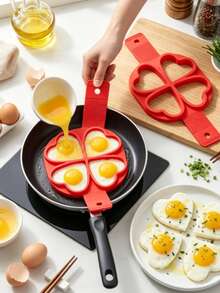 2pcs 4-Hole Heart-Shaped - Silicone Egg Poacher - Red Egg Making Tray - Non-Stick Cooking Tool - Suitable For Pancakes, Sandwiches, Breakfast - Multicolor - View 3
