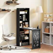 Opklapbaar computerbureau met boekenkast, werkblad, schoolbord en verstelbare plank, 98x51x153 cm, zwart - A - Bekijken 4
