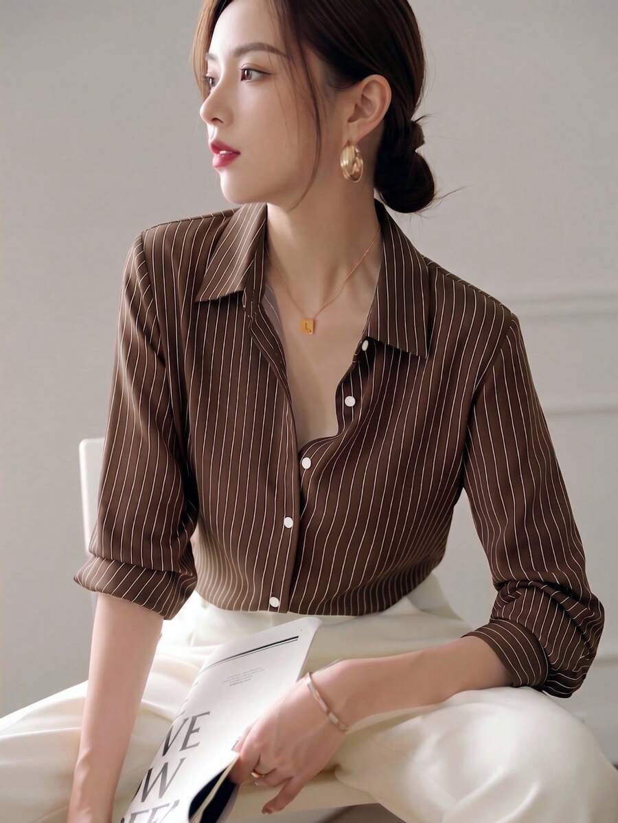 YUXIN 春/秋新款女式寬鬆時尚藍色條紋優雅長袖襯衫上衣，適合通勤與辦公，修身百搭
