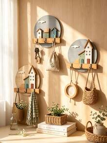 1pc 3D House Pattern Wooden Wall Hook, Nordic Fresh Style Cloud Shaped Decor, With 3 Metal Hooks, Wall-Mounted Key Rack, Suitable For Entryway Home Decor, All Season Daily Use - Multicolor - View 3