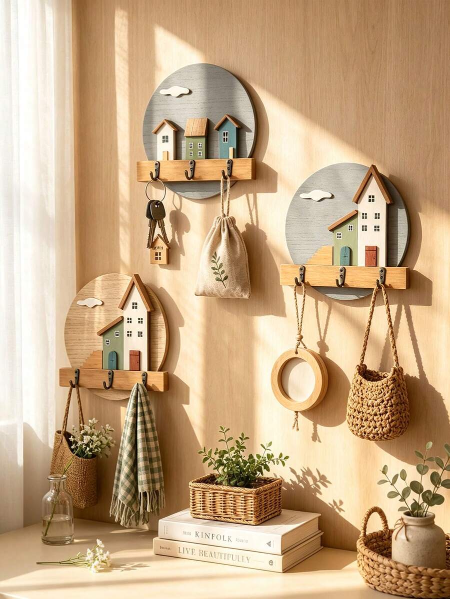 1pc 3D House Pattern Wooden Wall Hook, Nordic Fresh Style Cloud Shaped Decor, With 3 Metal Hooks, Wall-Mounted Key Rack, Suitable For Entryway Home Decor, All Season Daily Use