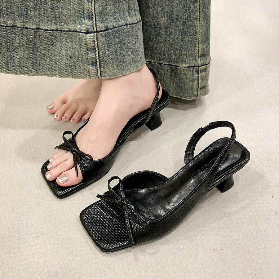 Women's Summer Bow Back Strap High Heel Shoes, Black Elegant Open Toe Square Toe Kitten Heel One Strap Sandals