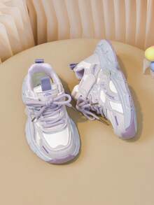 1 Pair Rhinestone Chunky Sneakers, Casual Sports Shoes, Running Shoes, White & Purple Color Block Fashion, Hook & Loop Easy On/Off, Thick Sole Non-Slip Casual Kids Shoes - White & Purple - View 6