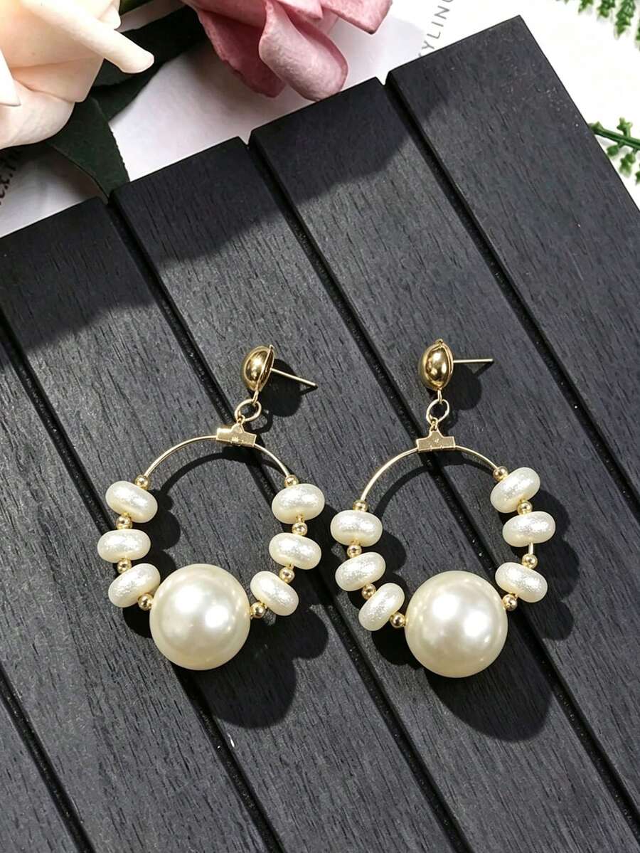 2pcs Bohemian Faux Pearl Beaded Metal Resin Large Hoop Earrings Studs For Women Party Daily Vacation Matching
