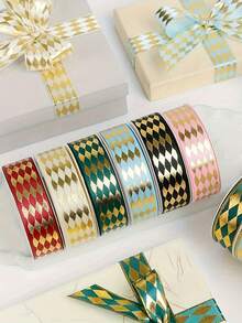1 Roll 25 Yards Gold Foil Diamond Satin Ribbon, Suitable For DIY Crafts, Gift Wrapping And Holiday Decoration, Suitable For Halloween, Christmas, Graduation Season, Cake Box Packaging, Floral Decoration Bows, Wedding DIY Decoration - Multicolor - View 4