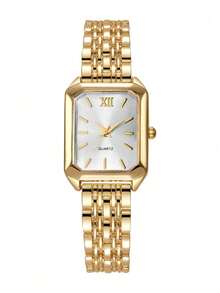 Women's Vintage Square Dial Quartz Watch & Rhinestone Bracelet 2pcs Set, Elegant Metal Band Wristwatch Jewelry Set, Multiple Colors Available - Gold - View 8