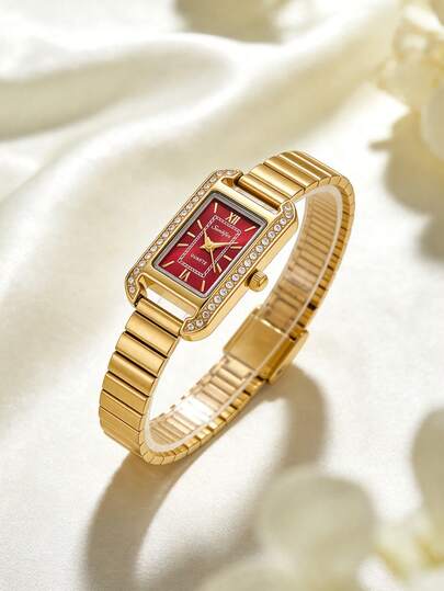 1 Women's Red Dial Rectangular Vintage Rhinestone Jewelry Quartz Watch,Gold Alloy Case And Strap,Elegant Watch,Suitable For Daily Wear And Gift Giving