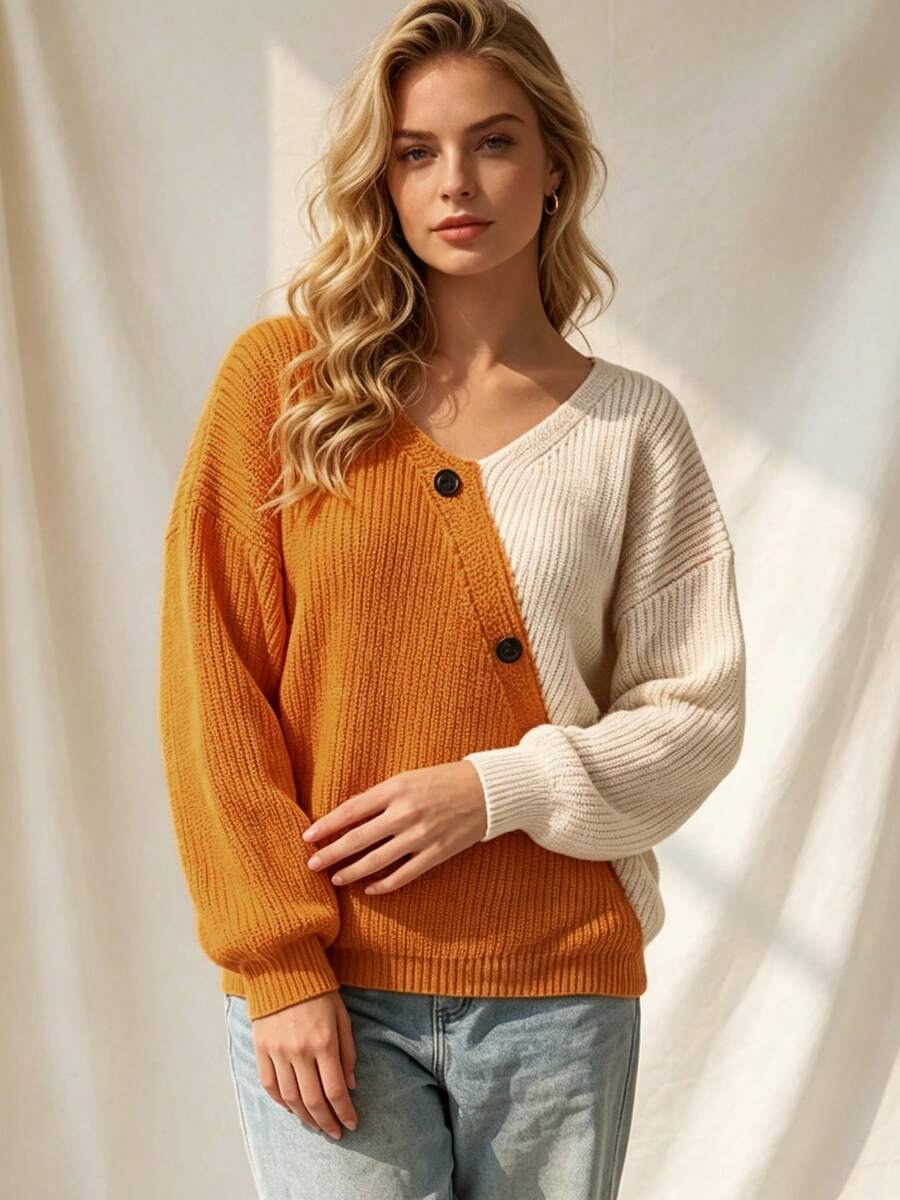 Elegant Plus Size Women's Knit Sweater, European And American Style, Colorblock V-Neck With Faux Buttons, Long Sleeve Drop Shoulder Pullover Fall - Multicolor - View 1