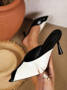 Black.White.Yellow.Blue.Colorblock Pointed Toe High Heel Sandals For Women.Elegant Mature Style Asymmetrical Heel Closed Toe Slippers For Outdoor Wear - Black and White - View 5
