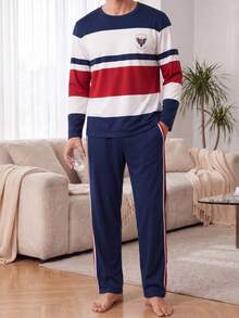 Men's Pajama Set American Style Colorblock Striped Crew Neck Long Sleeve Top + Pants With Pockets Autumn Winter Casual Comfortable Loungewear Two Pieces Set - Multicolor - View 3